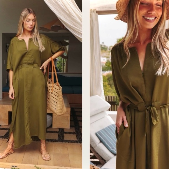 Oddbird Co. Dresses & Skirts - ODDBIRD | S | Olive Ruya Reya Tunic Flowy Short Sleeve Zip Neck Tie Dress